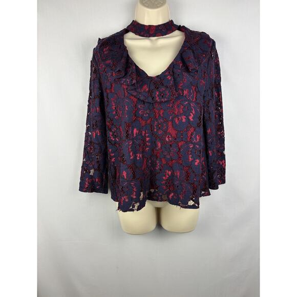 WAYF Floral Lace Choker Blouse | Women’s Small | Navy & Wine | NWT - Picture 5 of 11